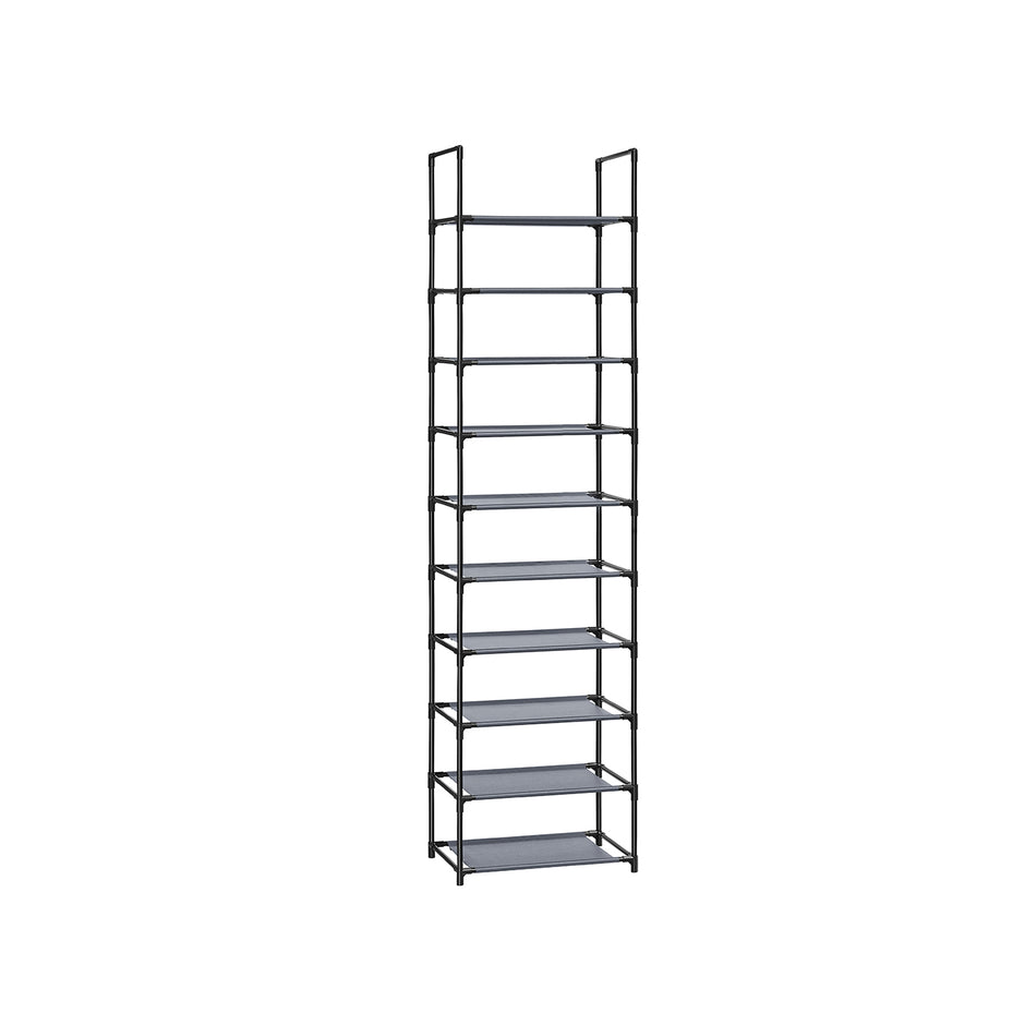 10-Tier Shoe Rack – Metal Frame – Black – Space-Saving Design with Non-Woven Fabric Shelves