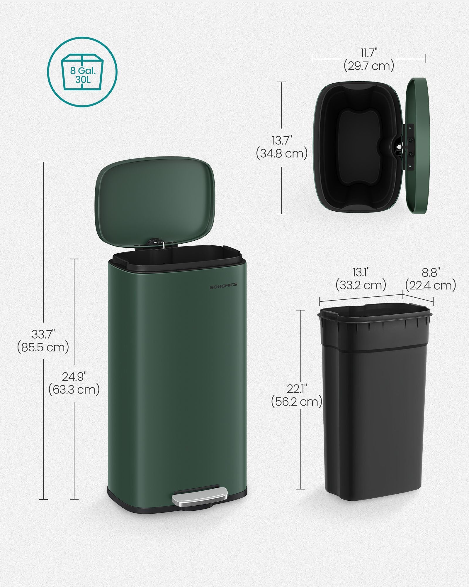 Trash Bin – Stainless Steel – Retro Green – 30L Soft-Close Lid