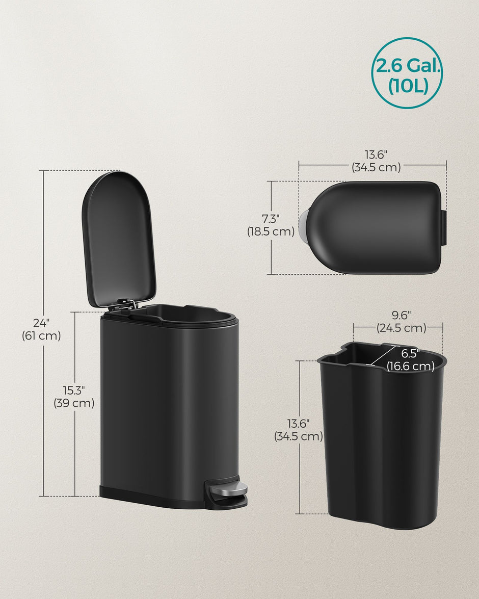 Small Pedal Bin – Steel – Silver – 10L Capacity with Removable Inner Bucket and Slow Close Lid
