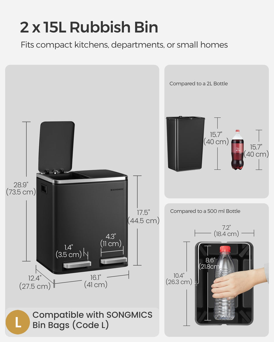Trash Can – Stainless Steel – Silver – 30 L Dual Compartment for Recycling