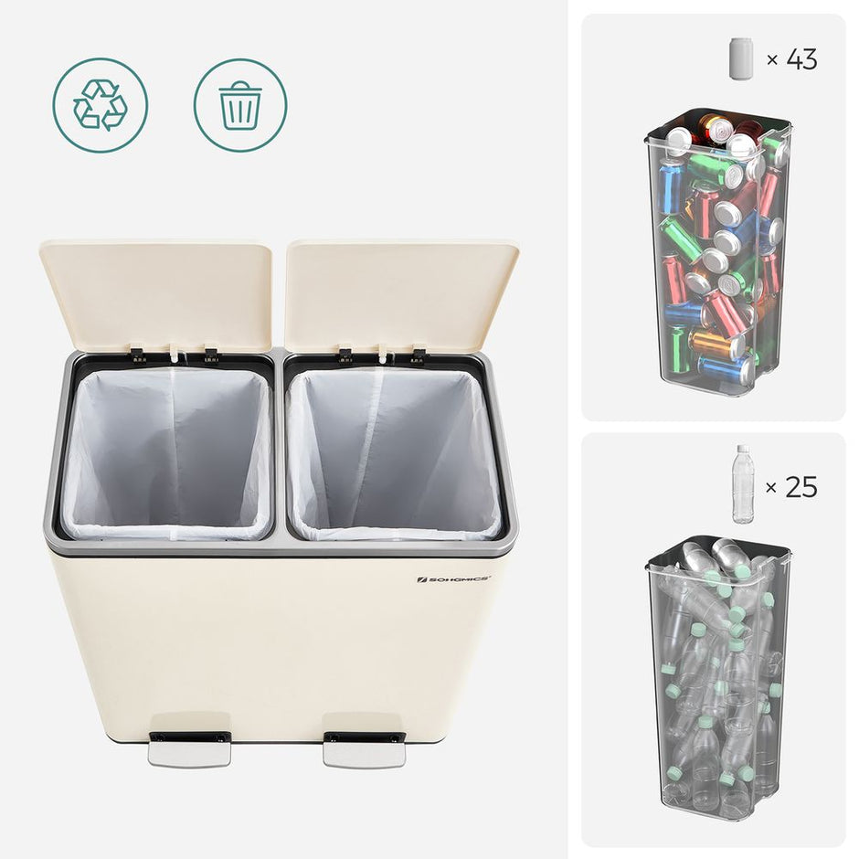 Step-Open Waste Bin – Metal – Cream – Dual Compartment with Soft Closure