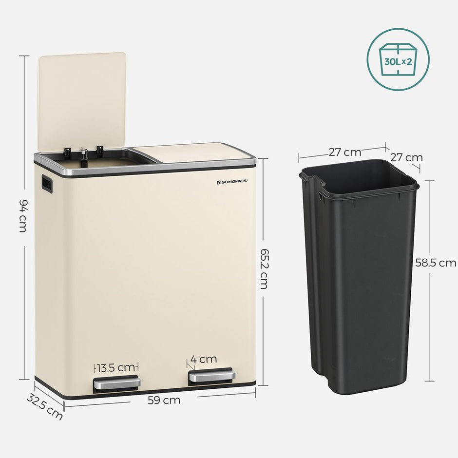 Step-Open Waste Bin – Metal – Cream – Dual Compartment with Soft Closure