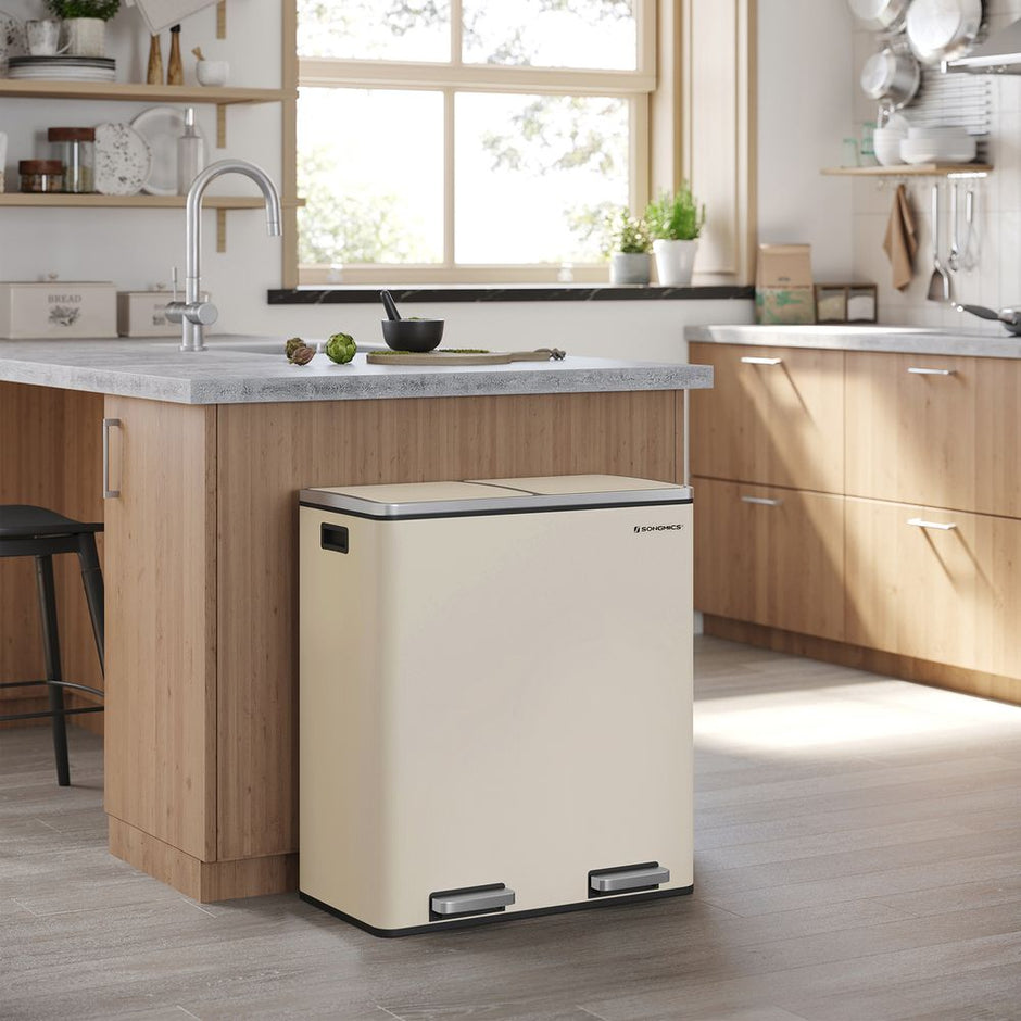 Step-Open Waste Bin – Metal – Cream – Dual Compartment with Soft Closure