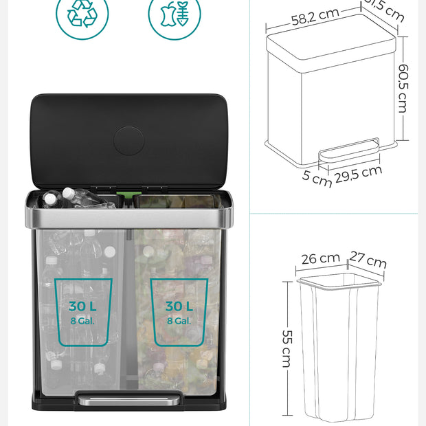 Stainless Steel Pedal Rubbish Bin Set – 30L – Silver – Soft Closure with Trash Bags