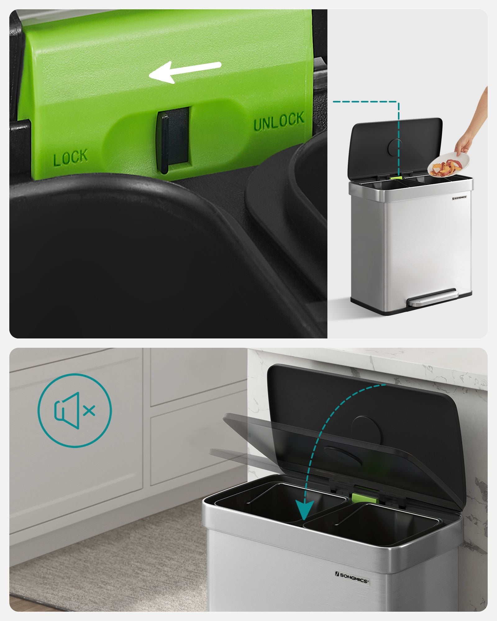 Stainless Steel Pedal Rubbish Bin Set – 30L – Silver – Soft Closure with Trash Bags