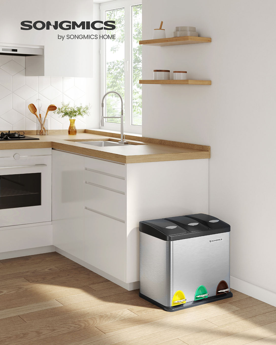 Rubbish Bin – Stainless Steel – Silver – 24 Litre with Pedal and Recycling Separation System