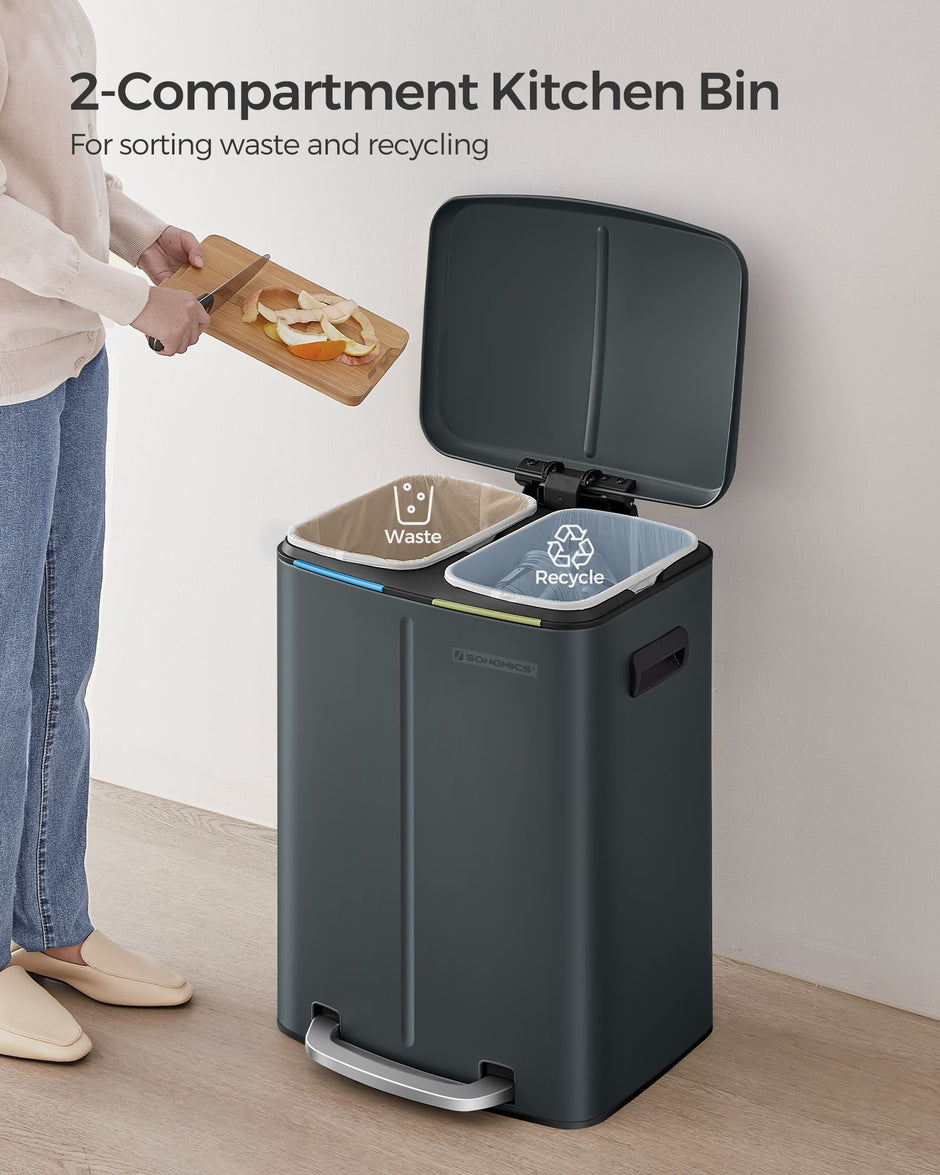 Dual Compartment Trash Can – Metal – Greenish-Grey – Soft Closure, Airtight, 2 x 20L