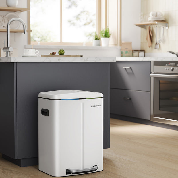 Dual Trash Can – Metal – White – Dual Compartments with Soft Closure and Airtight Design