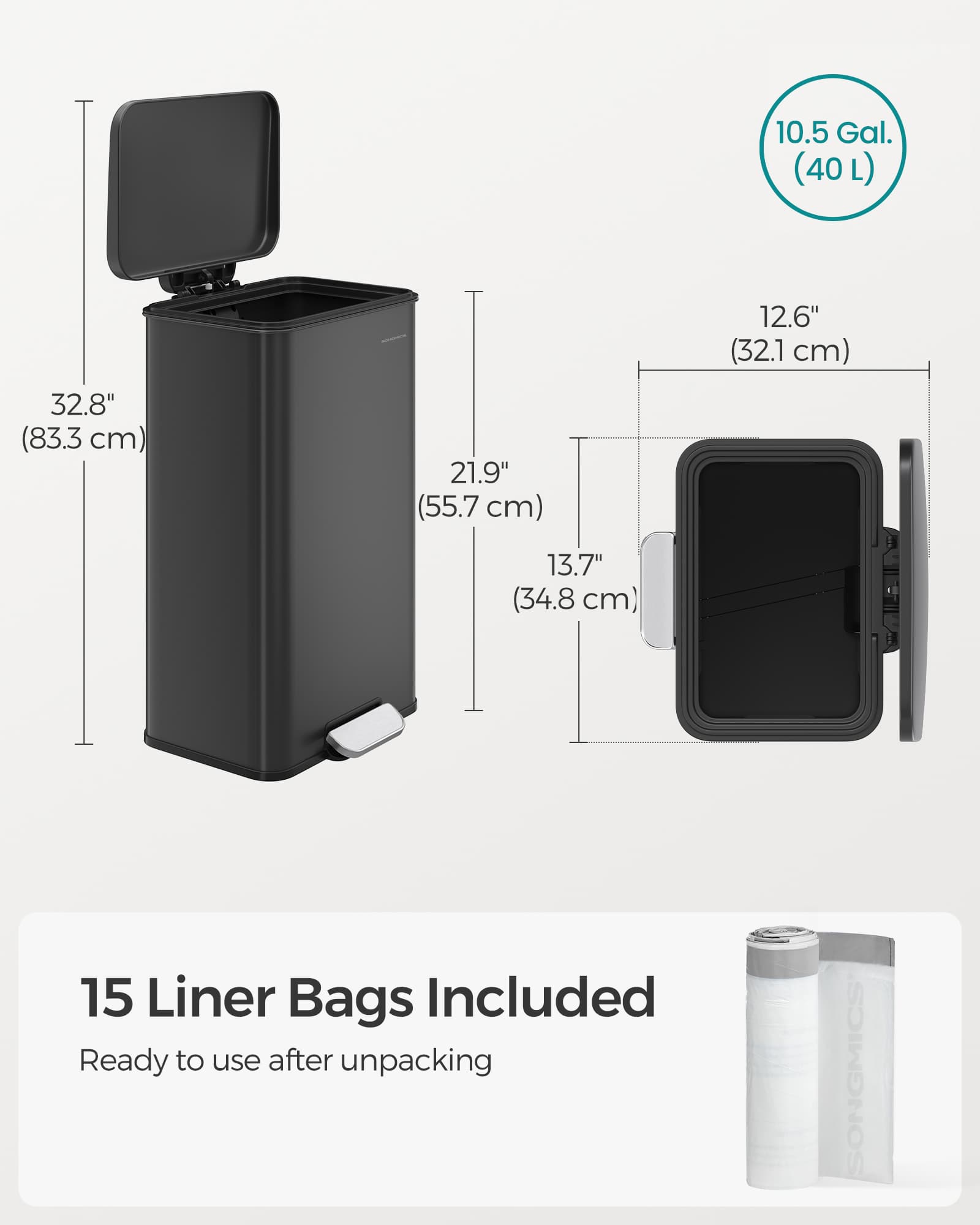 Large Steel Kitchen Bin – Black Finish – Soft Close Lid – 40L Capacity with 15 Liner Bags