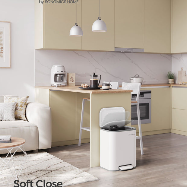 20L Kitchen Bin – Steel – Cloud White – Soft-Close Lid and Wide Non-Slip Pedal