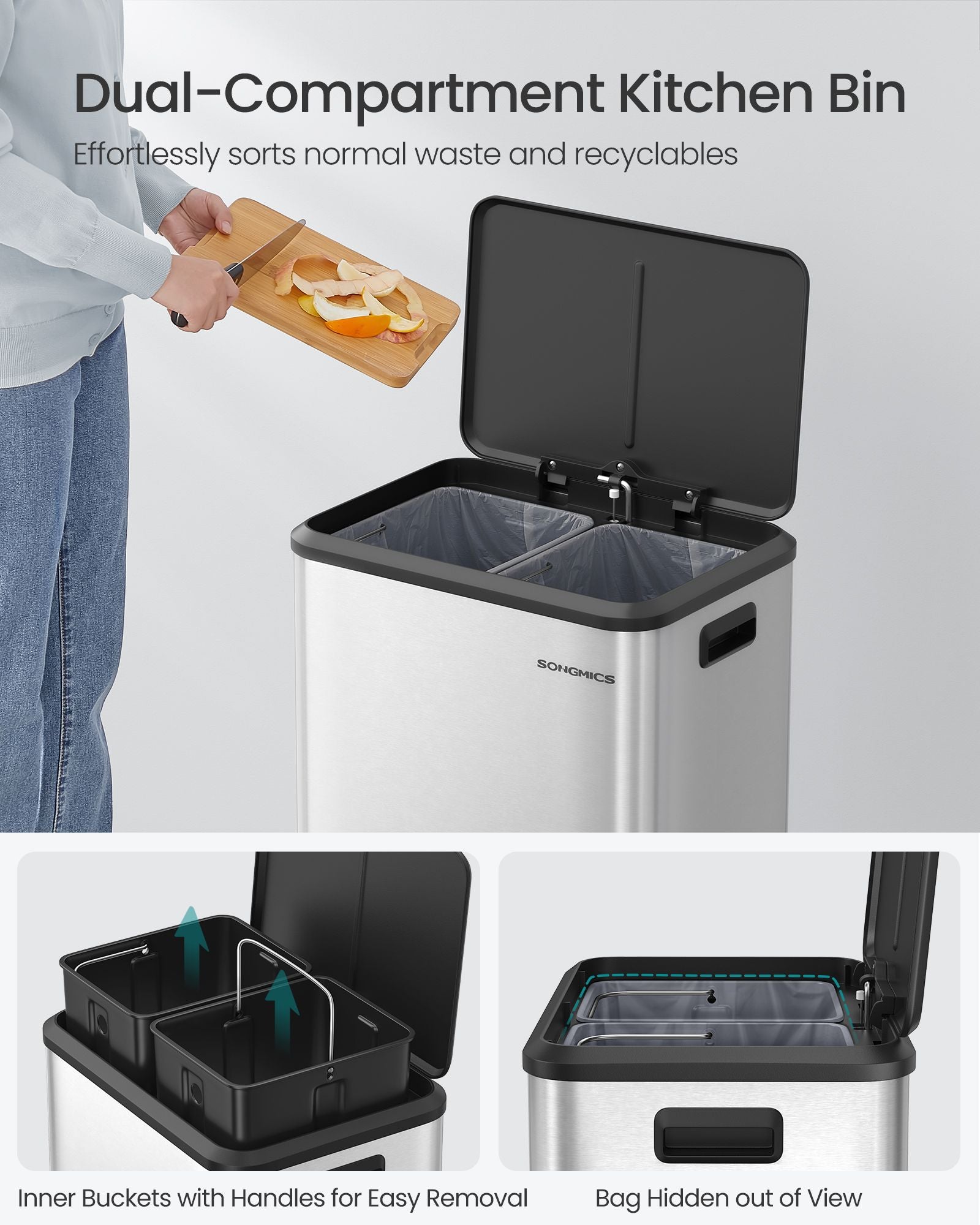 Double Bin – Steel – Metallic Silver – Soft-Close Lid, Wide Sturdy Pedal