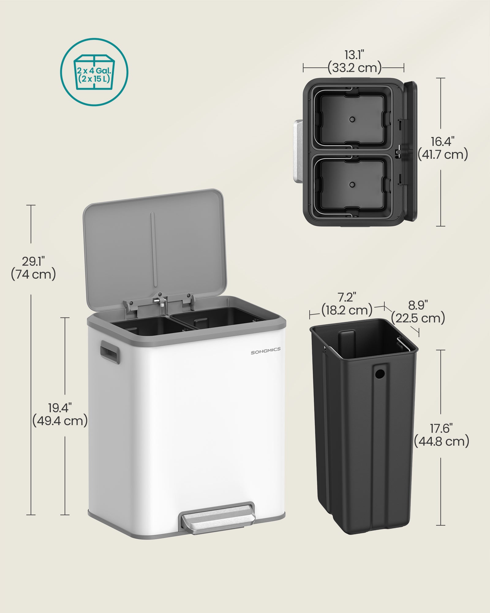 Double Bin – Steel – Cloud White – Soft-Close Lid, Inner Buckets for Recycling and Waste