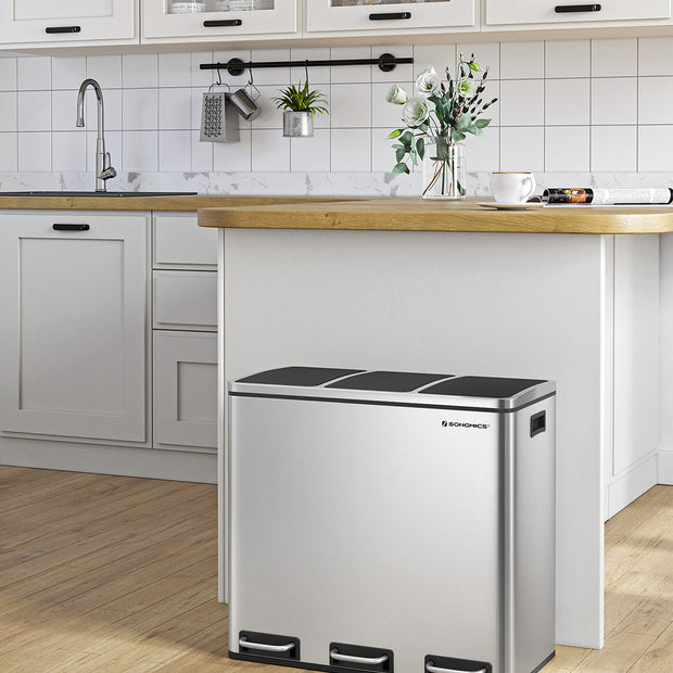 Recycling Bin – Stainless Steel – Fingerprint-Proof – Soft-Closing Lids, 3 Compartments, 54L Capacity