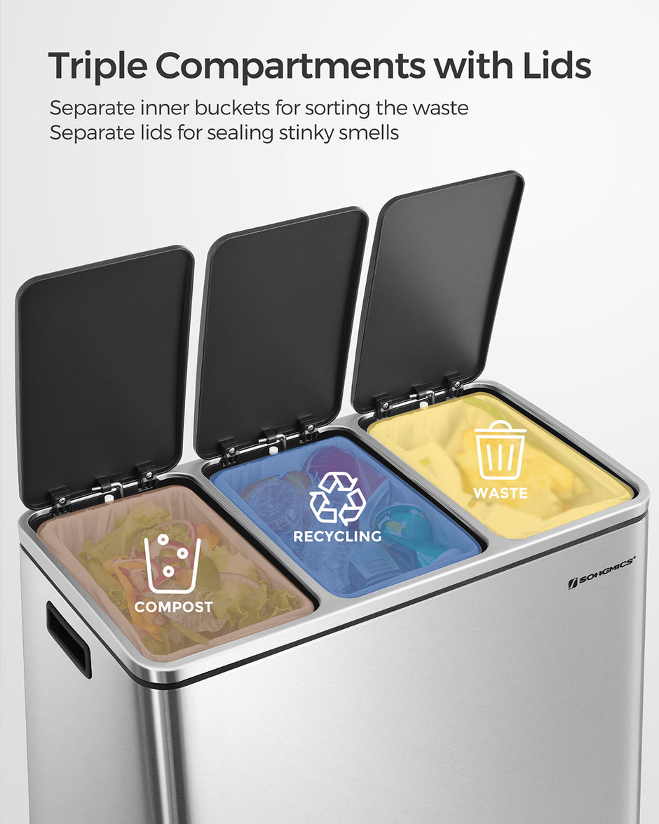 Recycling Bin – Stainless Steel – Fingerprint-Proof – Soft-Closing Lids, 3 Compartments, 54L Capacity