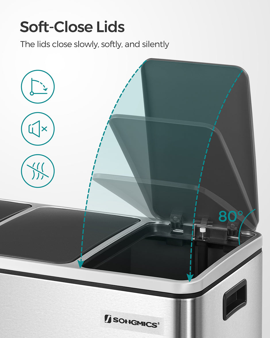 Recycling Bin – Stainless Steel – Fingerprint-Proof – Soft-Closing Lids, 3 Compartments, 54L Capacity