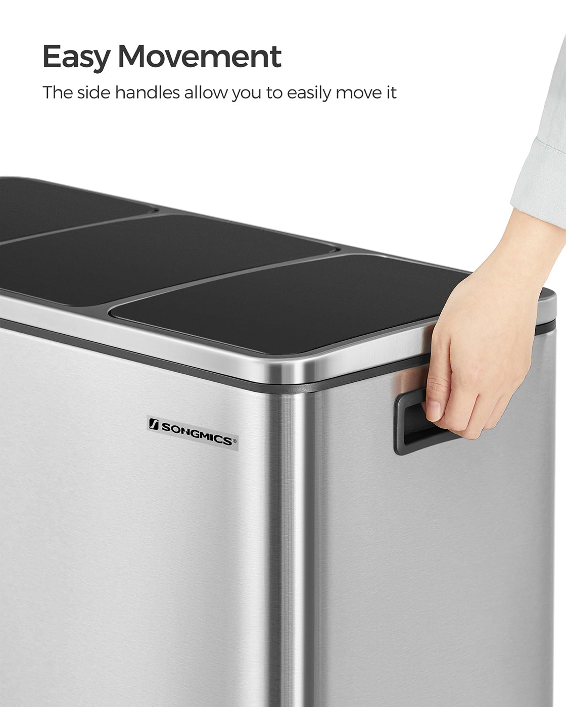 Recycling Bin – Stainless Steel – Fingerprint-Proof – Soft-Closing Lids, 3 Compartments, 54L Capacity