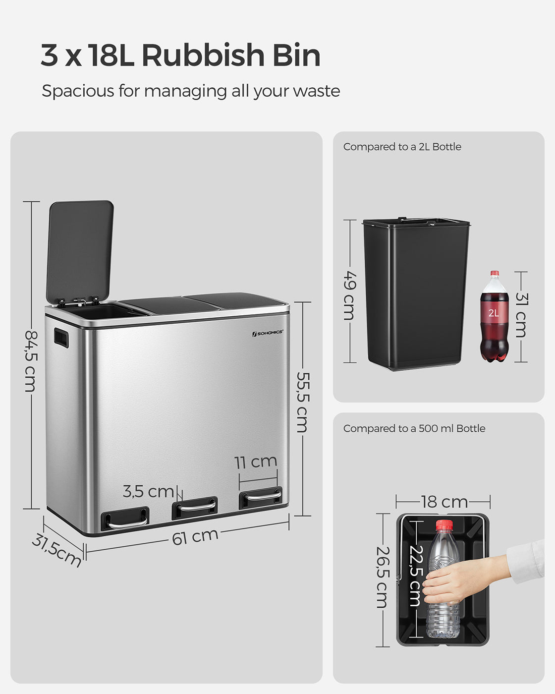 Recycling Bin – Stainless Steel – Fingerprint-Proof – Soft-Closing Lids, 3 Compartments, 54L Capacity