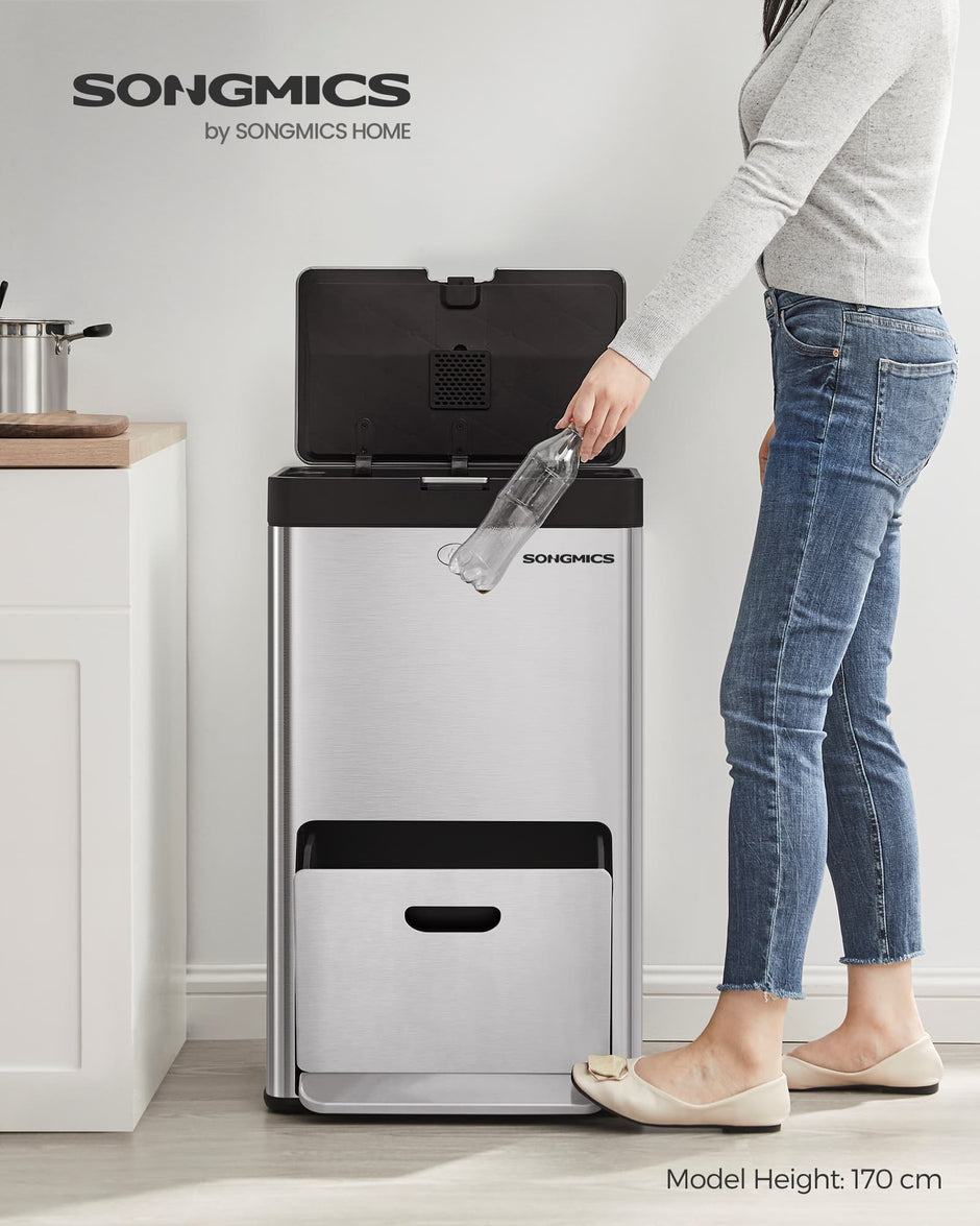 3-Compartment Kitchen Bin – Stainless Steel – Silver – Carbon Filter and Wide Pedal