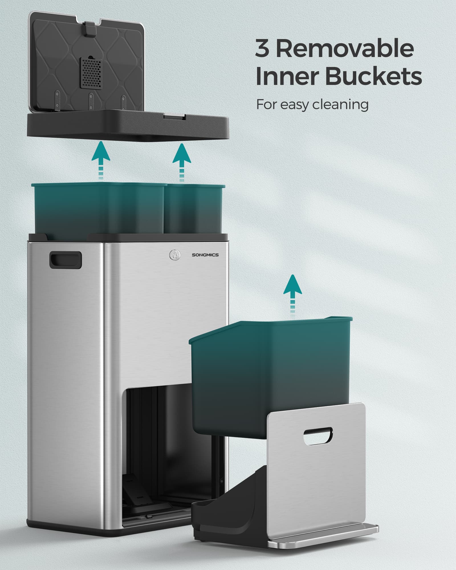 3-Compartment Kitchen Bin – Stainless Steel – Silver – Carbon Filter and Wide Pedal
