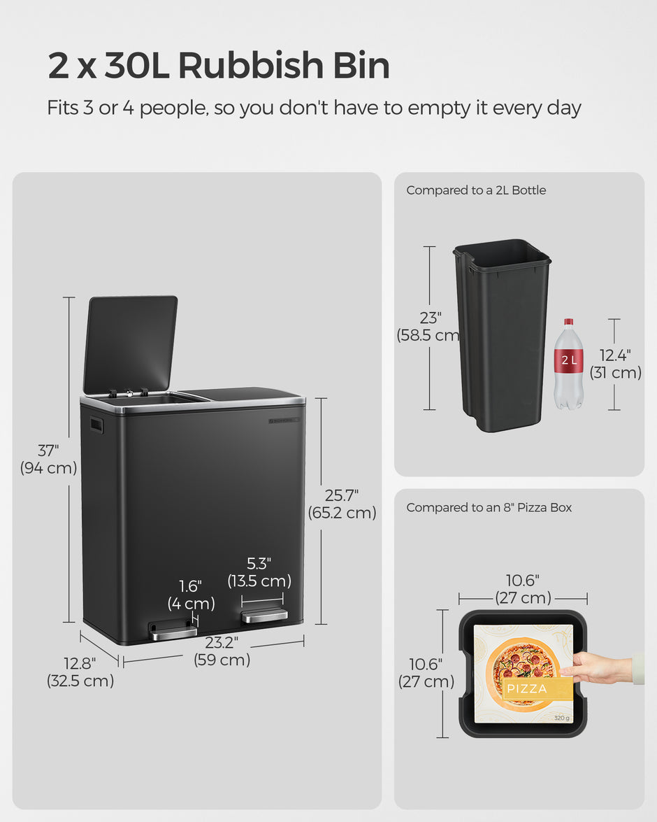 Double Rubbish Bin – Stainless Steel – Fingerprint Proof – Dual Compartment with Carry Handles