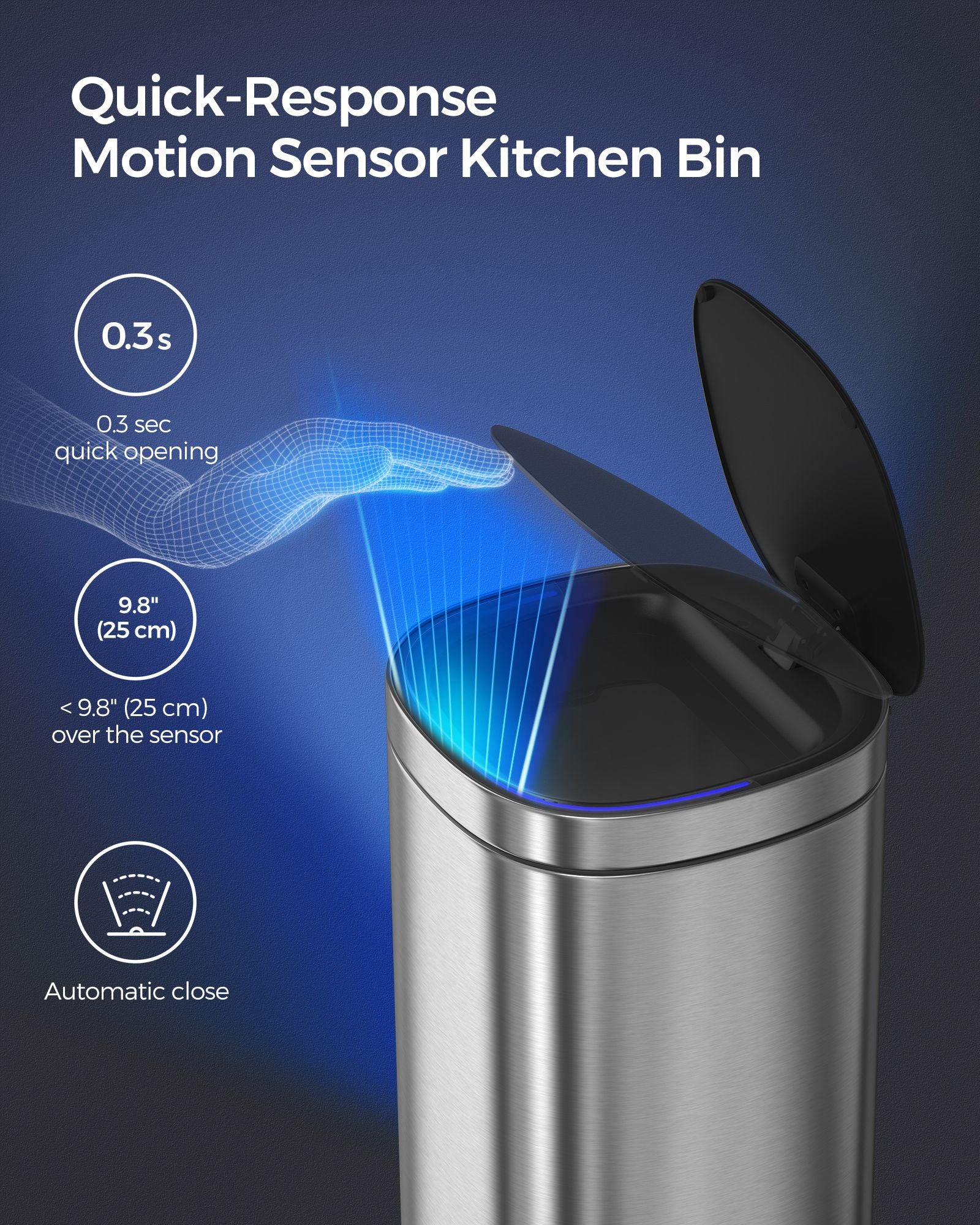 Automatic Rubbish Bin – Stainless Steel – Silver – Motion Sensor with Ozone Odour Control