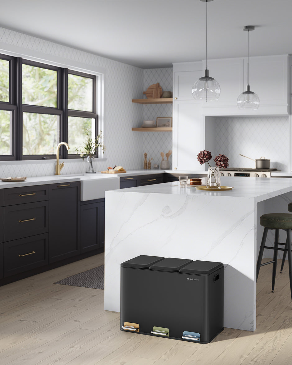 Triple Kitchen Bin – Steel – Ink Black – Colour-Coded Pedals for Waste Separation