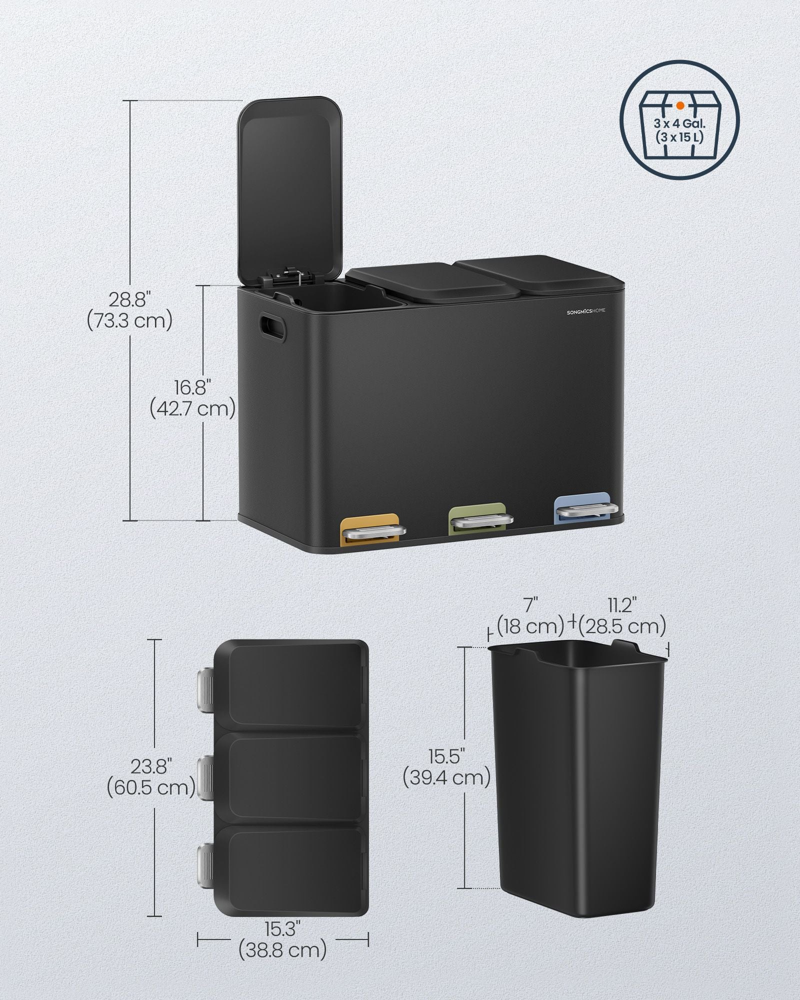 Triple Kitchen Bin – Steel – Ink Black – Colour-Coded Pedals for Waste Separation