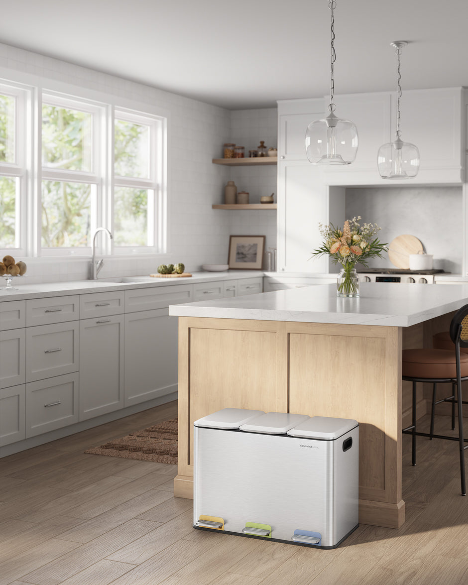 Triple Kitchen Bin – Steel – Ink Black – Colour-Coded Pedals for Waste Separation