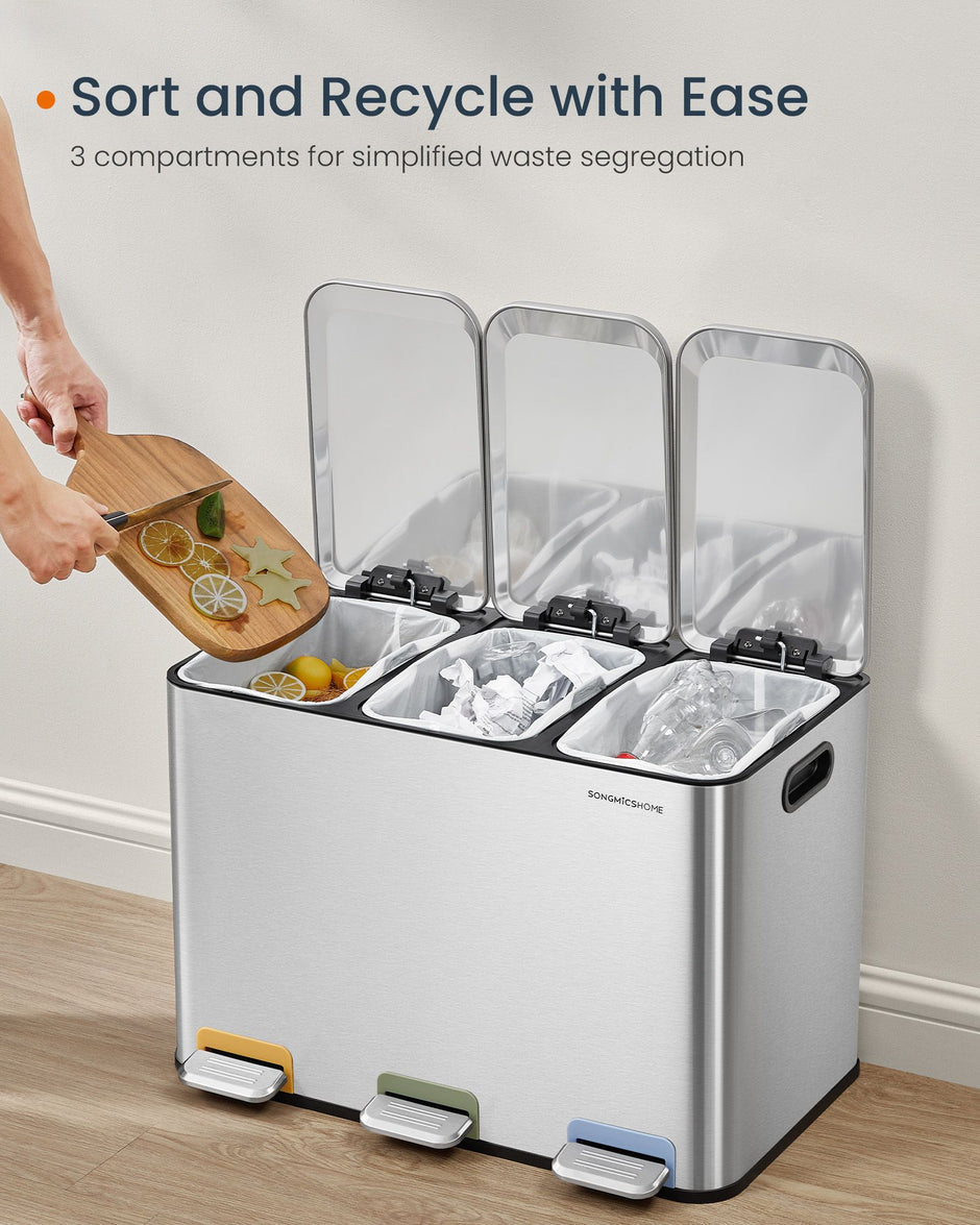 Triple Kitchen Bin – Steel – Cloud White – Colour-Coded Pedals for Waste Separation
