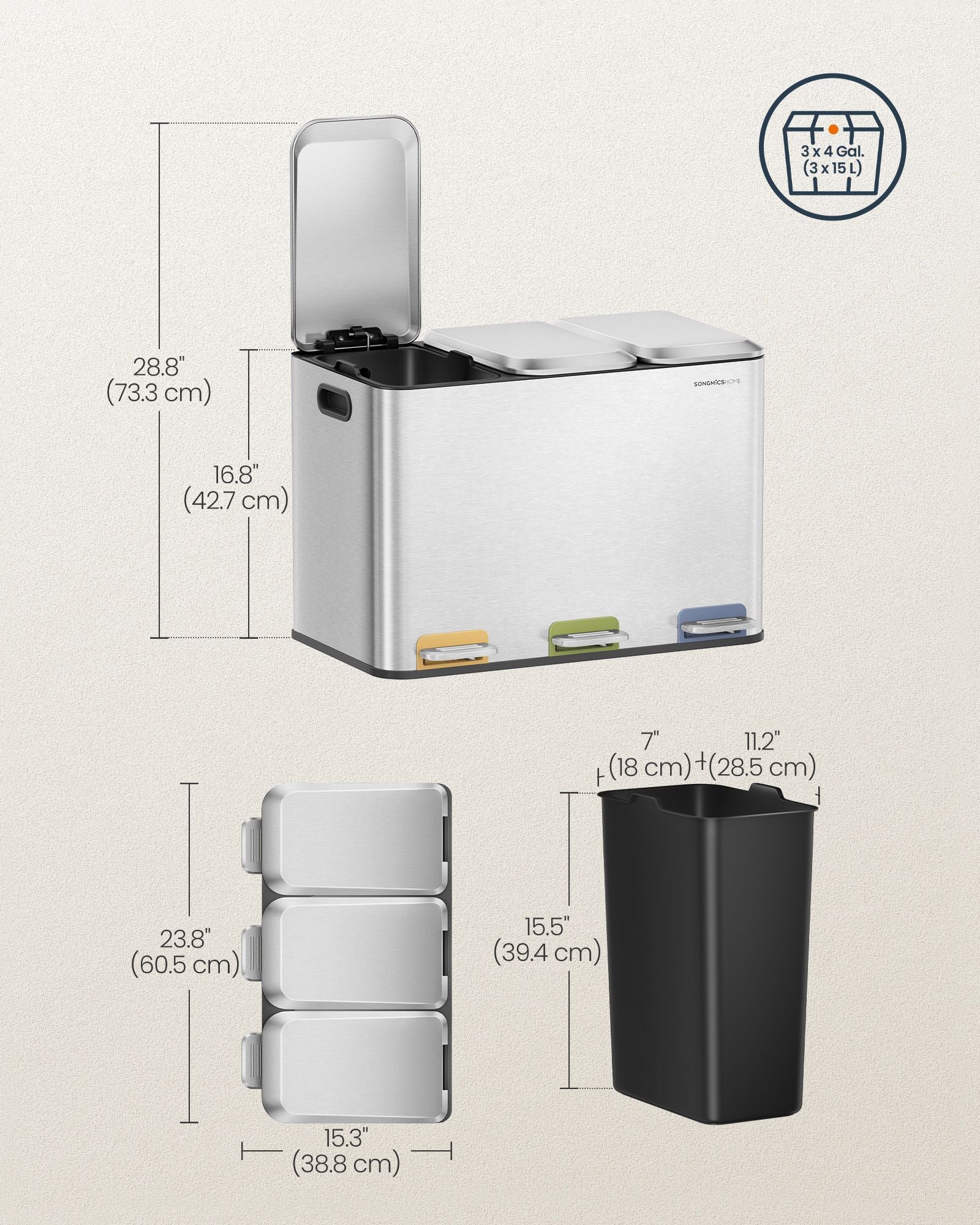 Triple Kitchen Bin – Steel – Ink Black – Colour-Coded Pedals for Waste Separation
