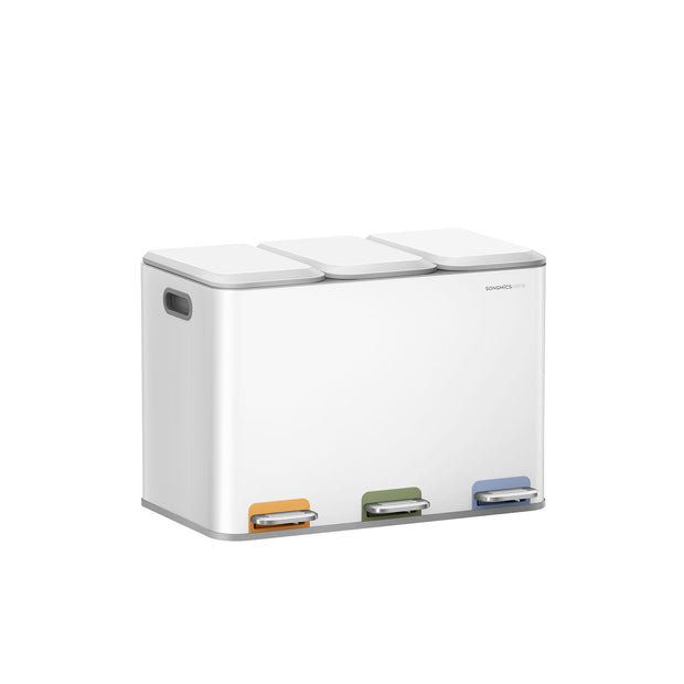 Triple Kitchen Bin – Steel – Cloud White – Colour-Coded Pedals for Waste Separation