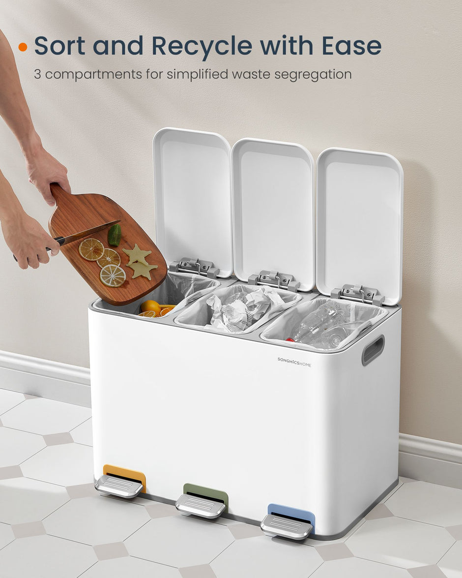 Triple Kitchen Bin – Steel – Cloud White – Colour-Coded Pedals for Waste Separation