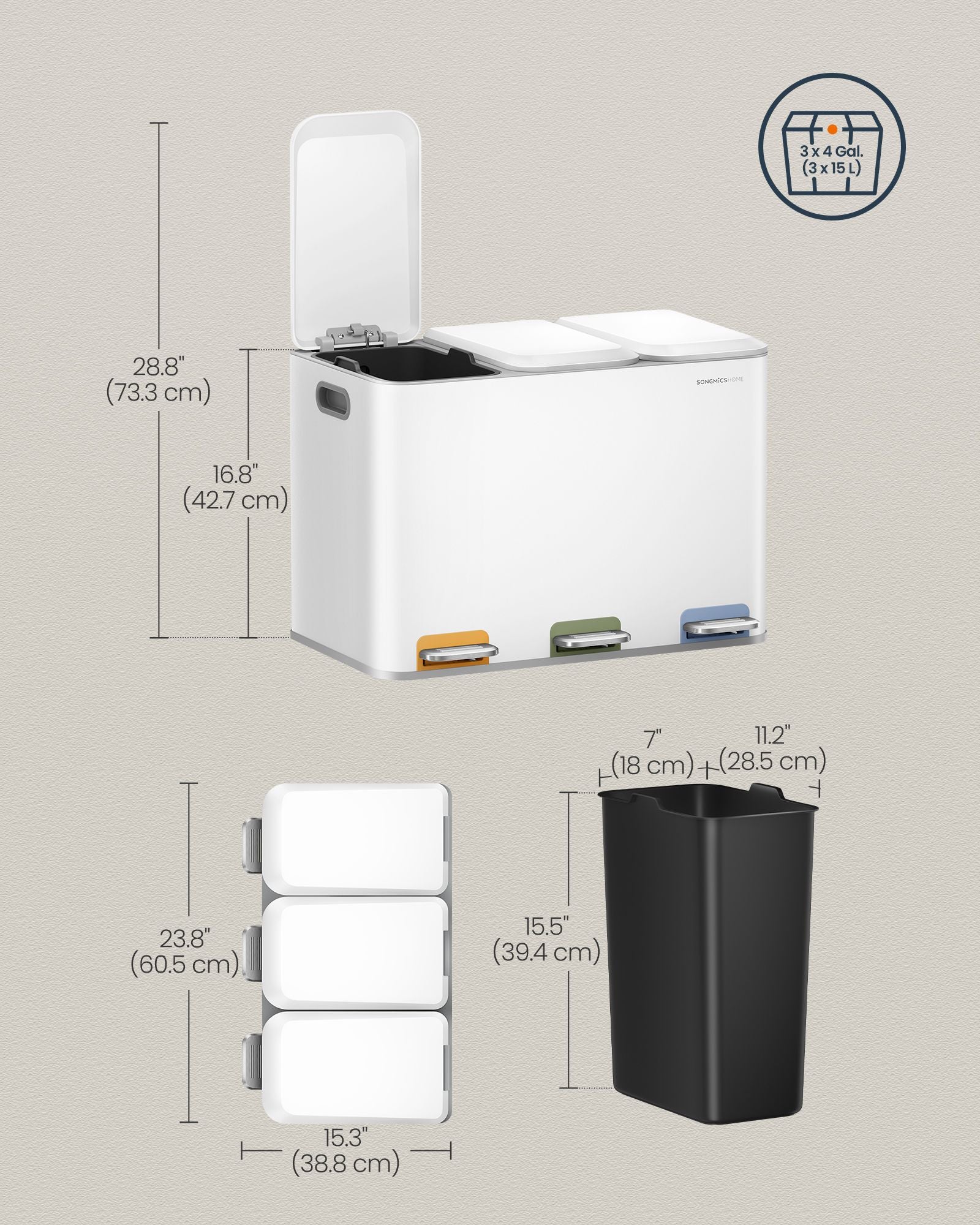 Triple Kitchen Bin – Steel – Cloud White – Colour-Coded Pedals for Waste Separation