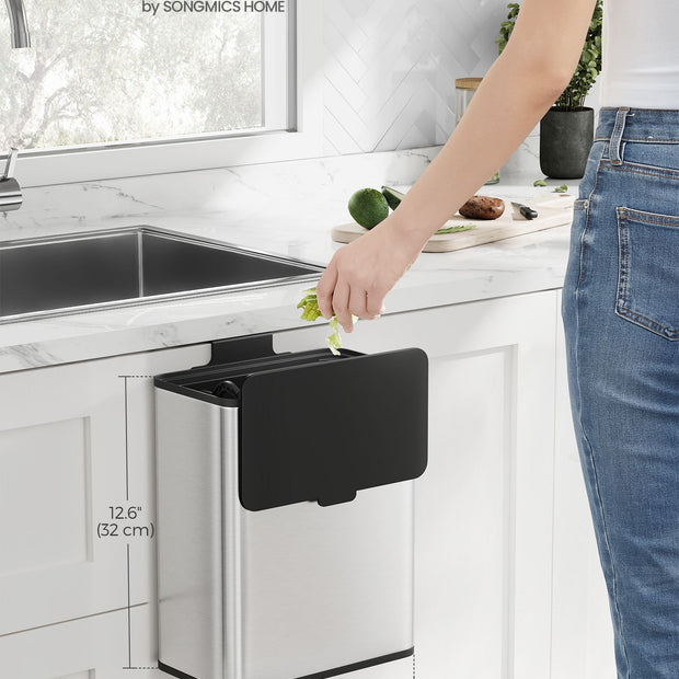 8L Steel Hanging Kitchen Bin – Silver – Lid Included – Food Waste Collection