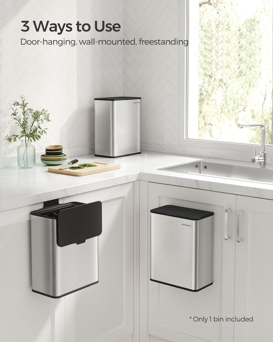 8L Steel Hanging Kitchen Bin – Silver – Lid Included – Food Waste Collection