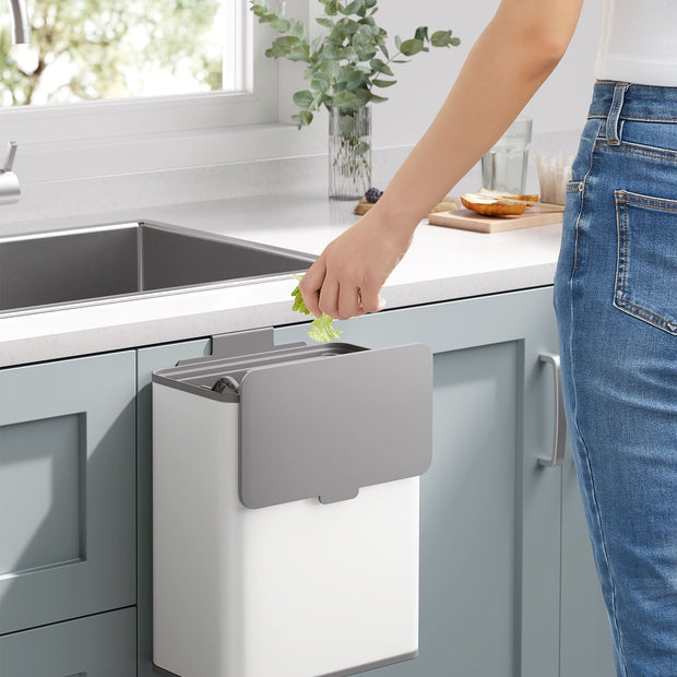 Hanging Steel Kitchen Bin – Cloud White – 8L Capacity – Lid for Food Waste with Hooks