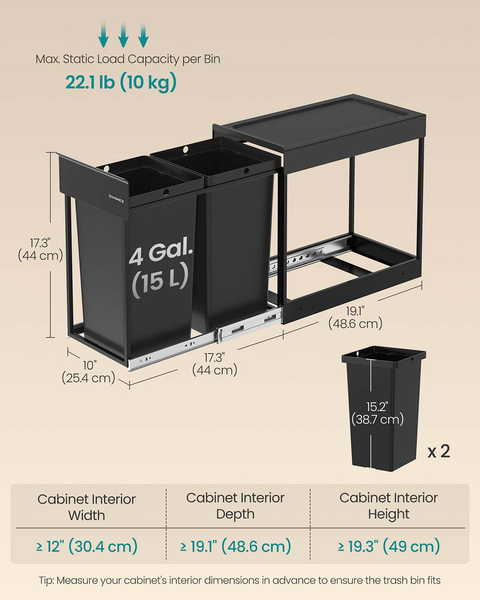 Pull-Out Kitchen Bin – Steel Frame with ABS Lid – Ink Black – Double Compartment for Recycling and Waste