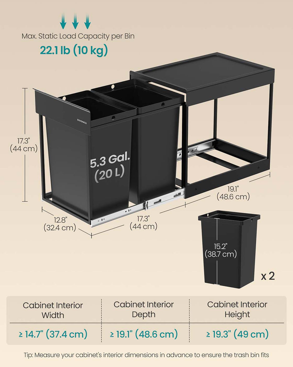 Pull-Out Kitchen Bin – Steel Frame with ABS Lid – Ink Black – Double Compartment for Recycling and Waste