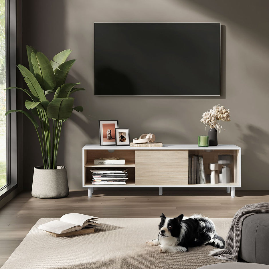 TV Stand – Wood – Ash Brown and Ink Black – Modern Design with Fluted Glass