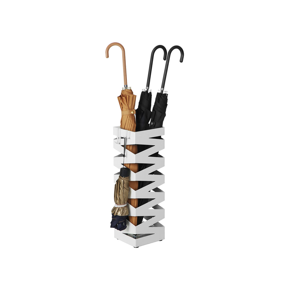 Square Umbrella Holder Rack – Metal – White – With Hooks and Drip Tray