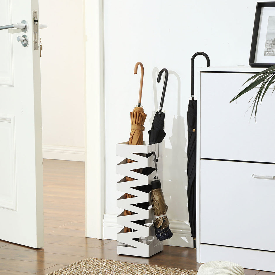 Square Umbrella Holder Rack – Metal – White – With Hooks and Drip Tray