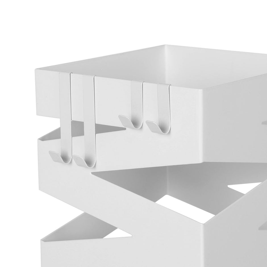 Square Umbrella Holder Rack – Metal – White – With Hooks and Drip Tray