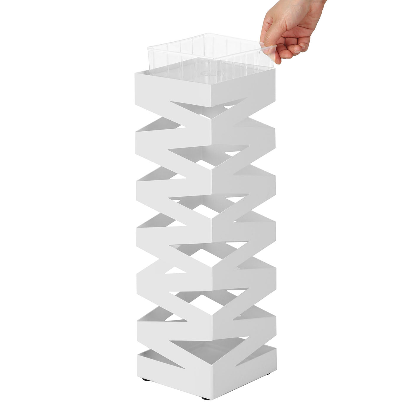Square Umbrella Holder Rack – Metal – White – With Hooks and Drip Tray