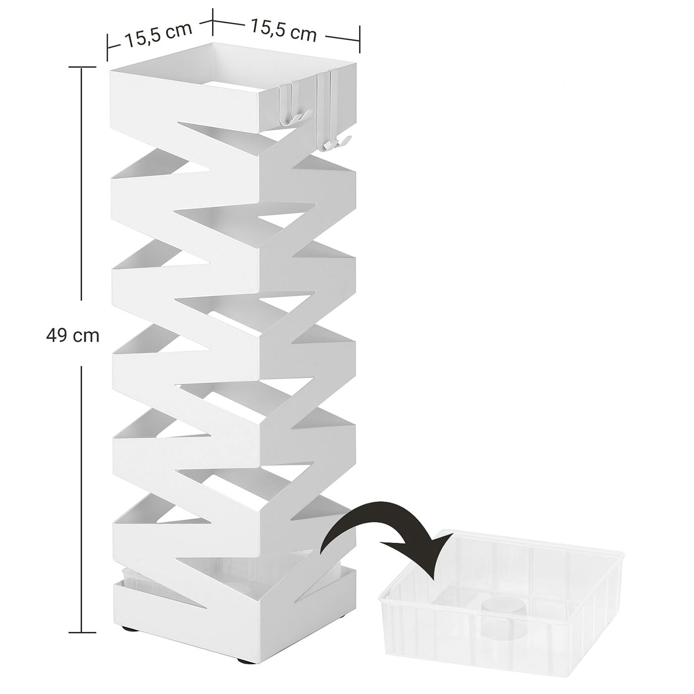 Square Umbrella Holder Rack – Metal – White – With Hooks and Drip Tray