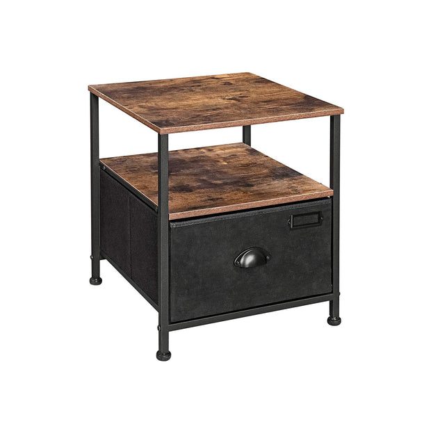 Bedside Table – Fabric and Wood – Rustic Brown & Black – Industrial Style with Storage and Shelves