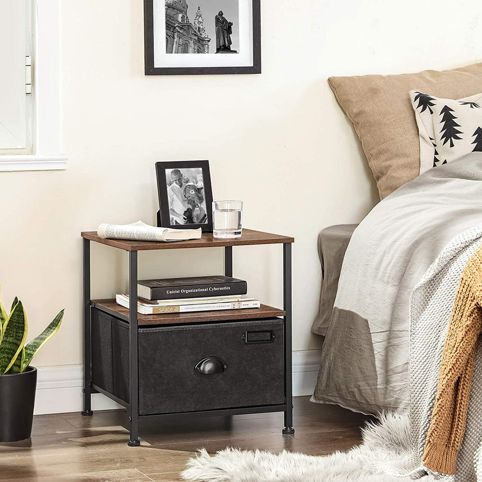 Bedside Table – Fabric and Wood – Rustic Brown & Black – Industrial Style with Storage and Shelves