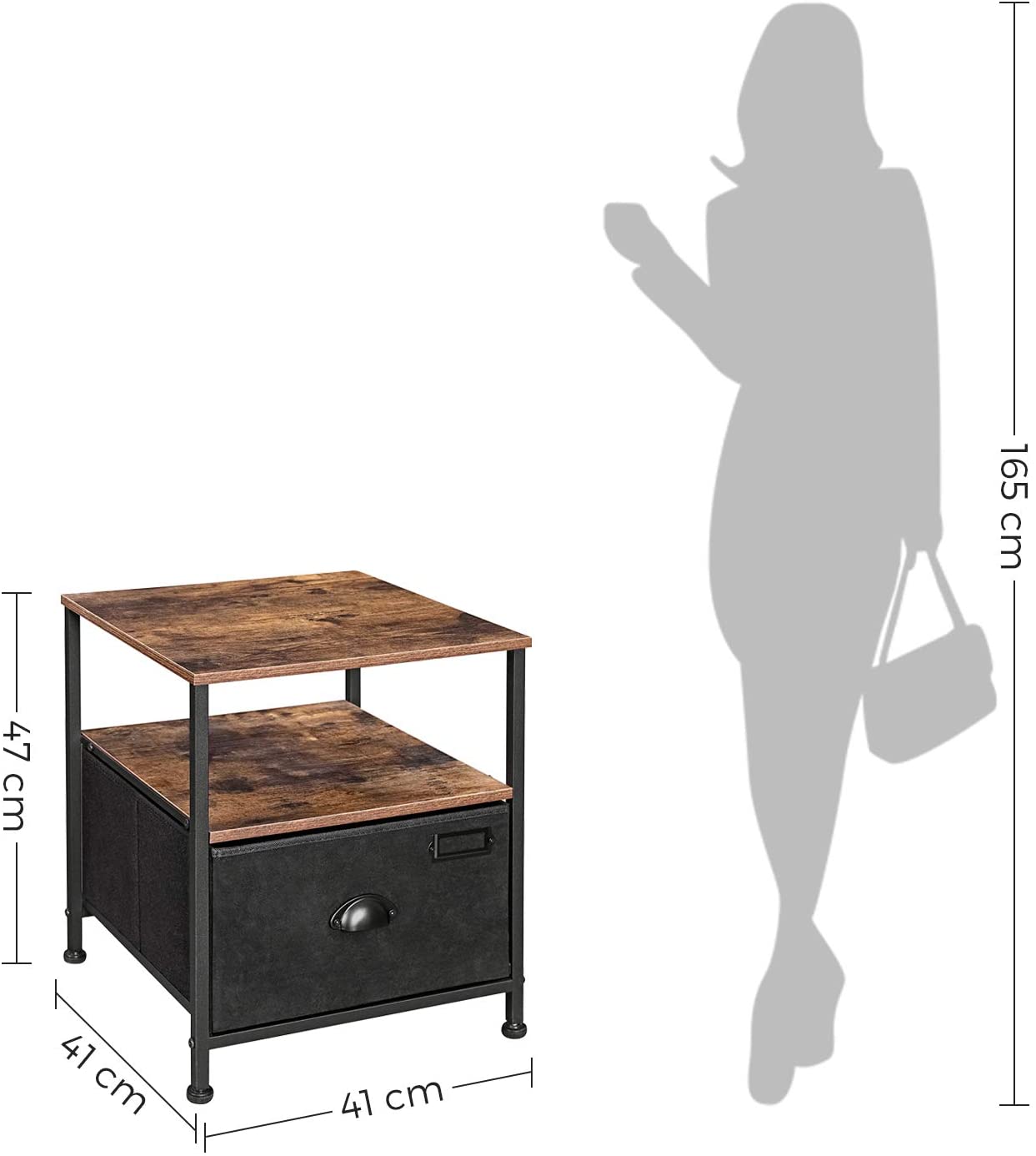 Bedside Table – Fabric and Wood – Rustic Brown & Black – Industrial Style with Storage and Shelves