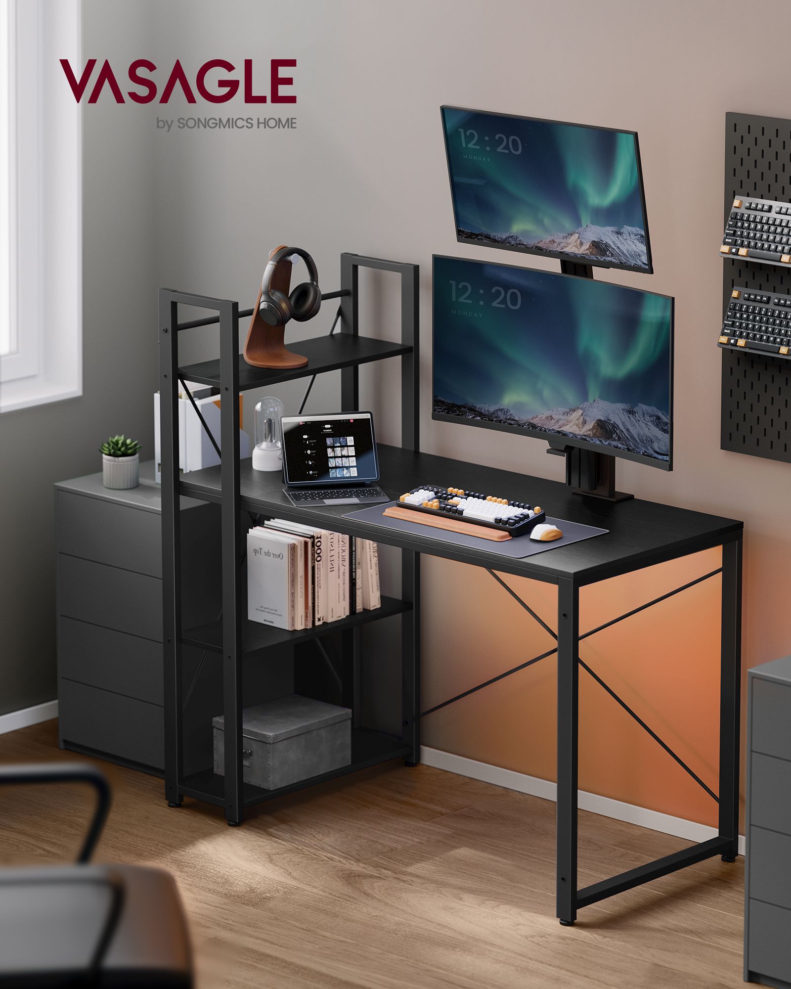 Writing Desk – Wood and Metal – Rustic Brown and Black – Adjustable Storage Shelves