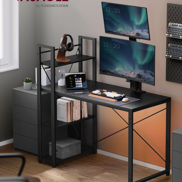 Writing Desk – Wood and Metal – Rustic Brown and Black – Adjustable Storage Shelves