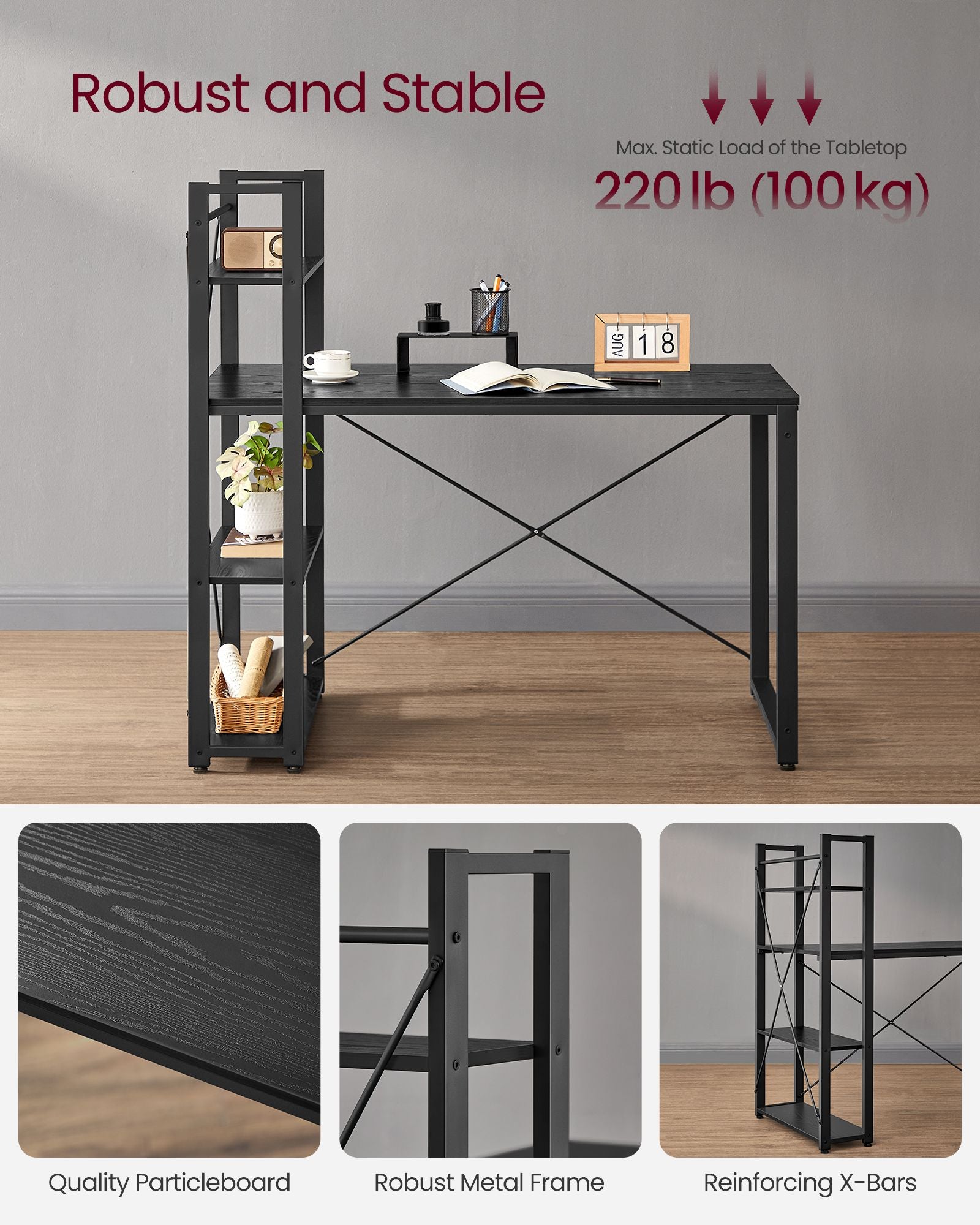 Writing Desk – Wood and Metal – Rustic Brown and Black – Adjustable Storage Shelves